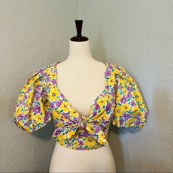 River Island Floral Print Puff Sleeve Crop Top, Yellow/Purple, Small/Size 4, NWT - Picture 7 of 15